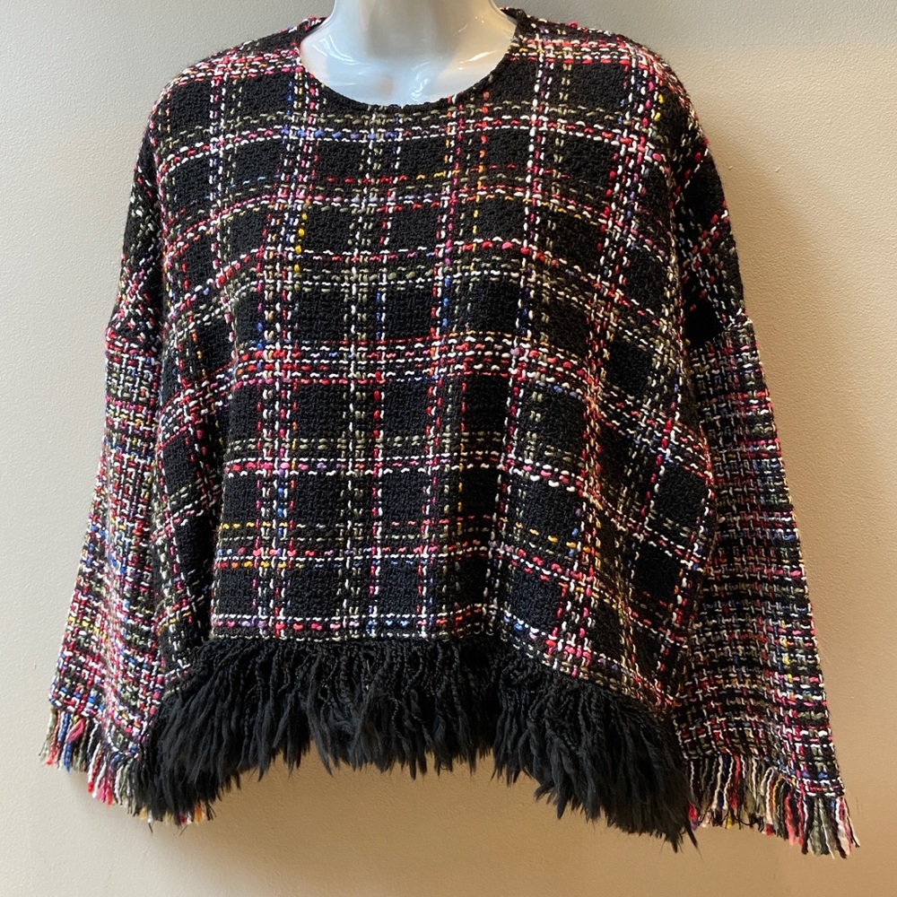 Zara Woman Black Multi-coloured Woven Tweed Sweater Fringe hem and cuff. Size M